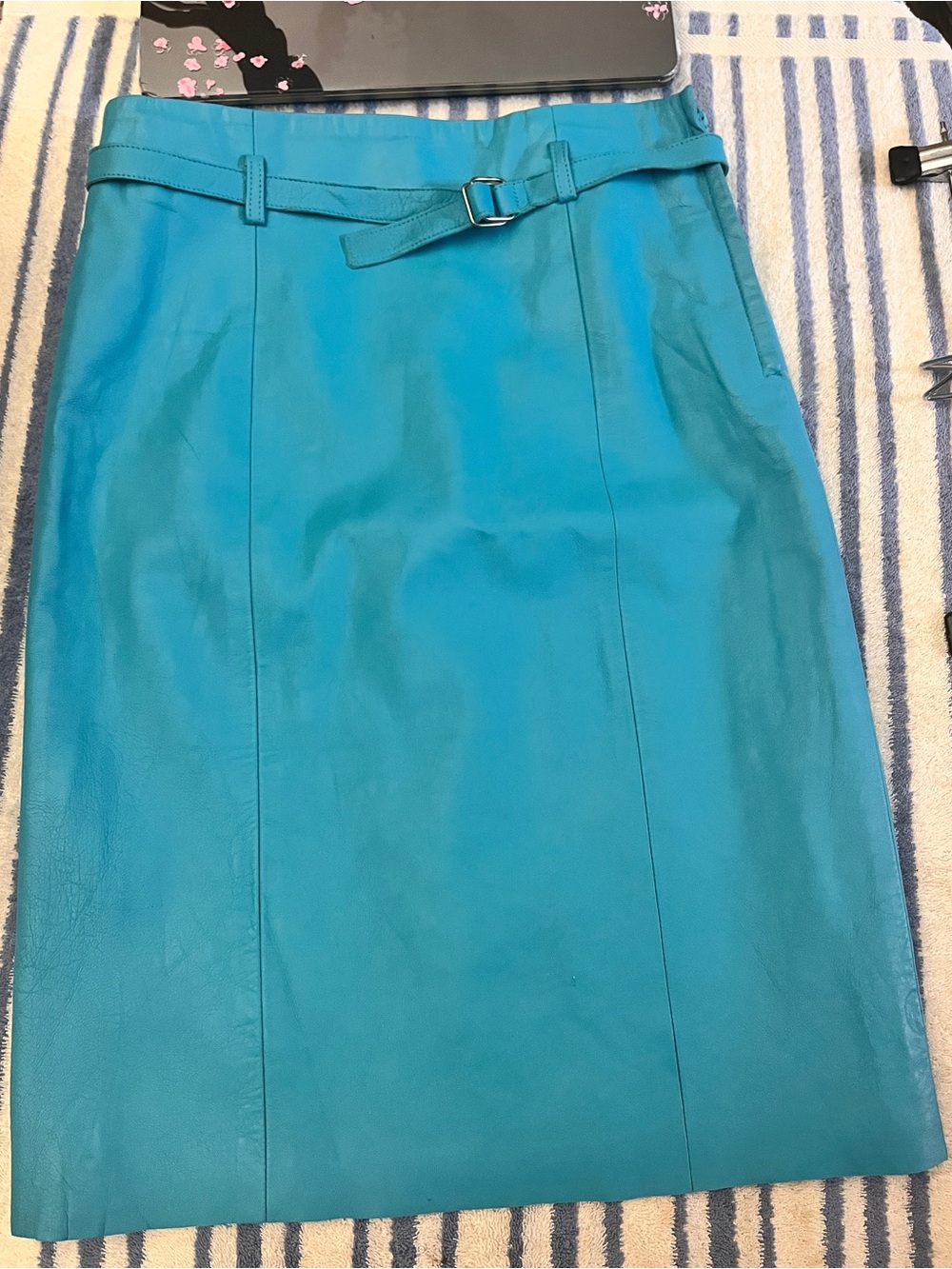 BCBGMaxAzria Turquoise Leather Pencil Skirt with Slim Belt Detail